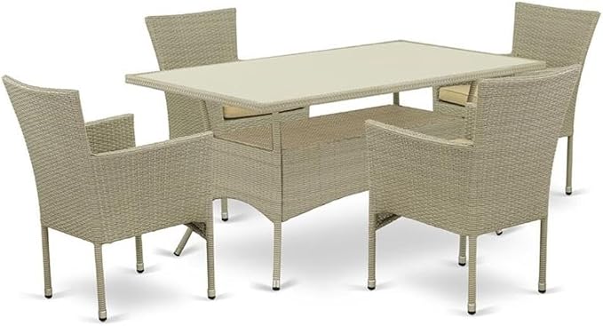 East West Furniture OSBK5-03A 5 Piece Wicker Patio Furniture Set Includes a Rectangle Outdoor Table with Glass Top and 4 Balcony Backyard Armchair with Cushion, 36x60 Inch, Natural Linen