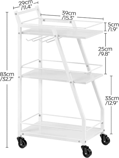 Bar Cart, 3-Tier Home Bar Serving Cart with Wheels, Drink Cart with Glass Holder, Beverage Cart, Rolling Kitchen Cart, for Home, Living Room, White and White BC03WW