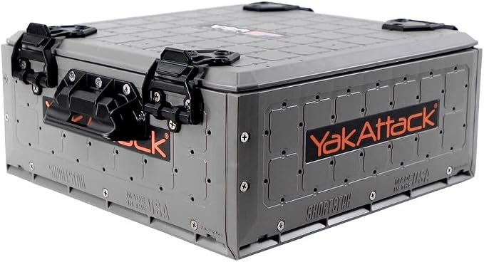 YakAttack ShortStak Solo Storage Box - Size & Color Options | Standalone Low-Profile Crate with Lid, Hinges & Latches | GridLoc Mounting Panels | Slider Feet for Under-Seat Use | Made in USA