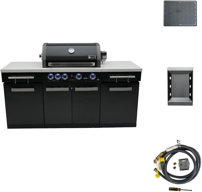 Mont Alpi Premium 70"W x 24"D Black Stainless Steel Outdoor Kitchen Island with 32"W 4-Burner BBQ Grill plus Accessory Bundle - Natural Gas Conversion Kit + Dual Sided Griddle Plate + Charcoal Tray