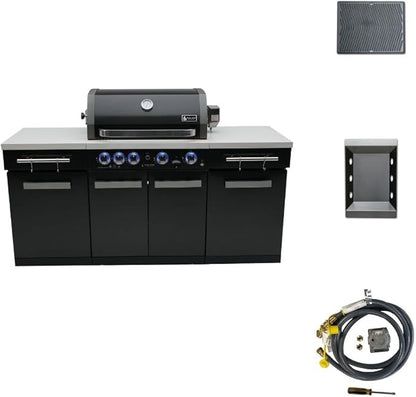 Mont Alpi Premium 70"W x 24"D Black Stainless Steel Outdoor Kitchen Island with 32"W 4-Burner BBQ Grill plus Accessory Bundle - Natural Gas Conversion Kit + Dual Sided Griddle Plate + Charcoal Tray