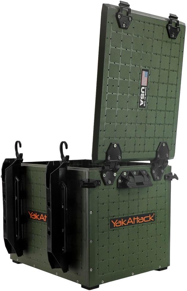 YakAttack BlackPak Pro Kayak Fishing Crate - Ranger Green | 13" x 16" Riggable Kayak Gear Storage System with Hinged Lid, GridLoc Mount Panels & 4 TetherTube Rod Holders | Lightweight Tankwell Crate