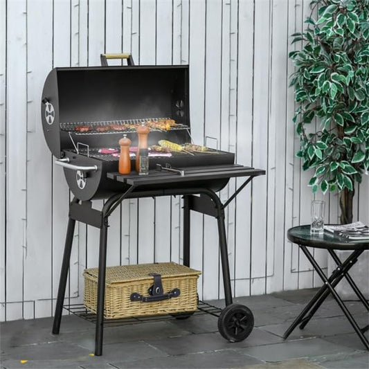 Portable Freestanding Charcoal Grill with Adjustable Charcoal Pan – Outdoor BBQ Smoker with Warming Rack, Storage Shelves & Wheels for Backyard Cooking