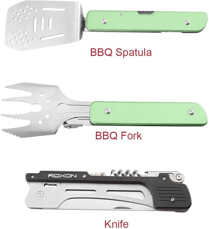 ROXON S601 14" 6 in 1 MBT3 Folding Grill Utensils Set Fork Spatula Grilling Knife Tongs Opener for Backyard Barbecue and Camping(Green)
