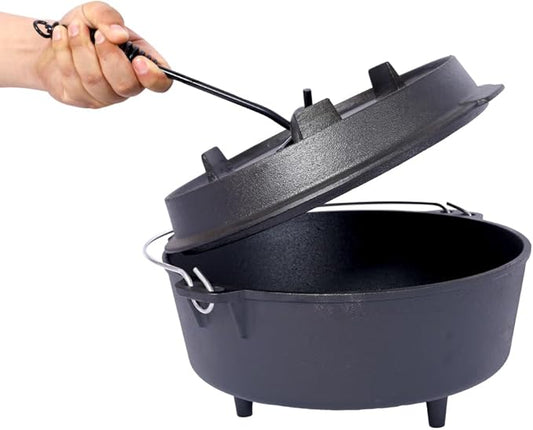 Hibachi Grill Outdoor, Homonova 2 in 1 Pre-Seasoned Cast Iron Dutch Oven with Skillet Lid, Portable Charcoal BBQ for Outdoor Cooking, Camping Fireplace Deep Pot with Leg Base (6 Quart)
