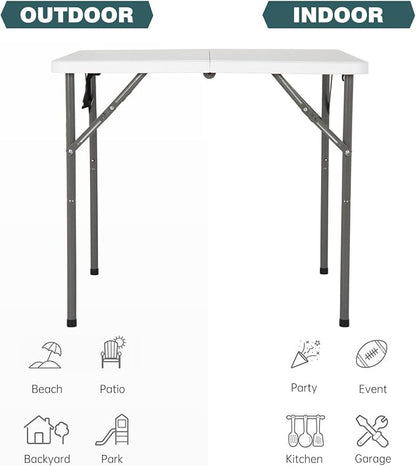FDW | 34" Folding Table | White | Portable Plastic Table | with Carry Handle | Waterproof & Foldable Table Design | Steel Frame with Lock | for Events, Camping, Indoor & Outdoor Use