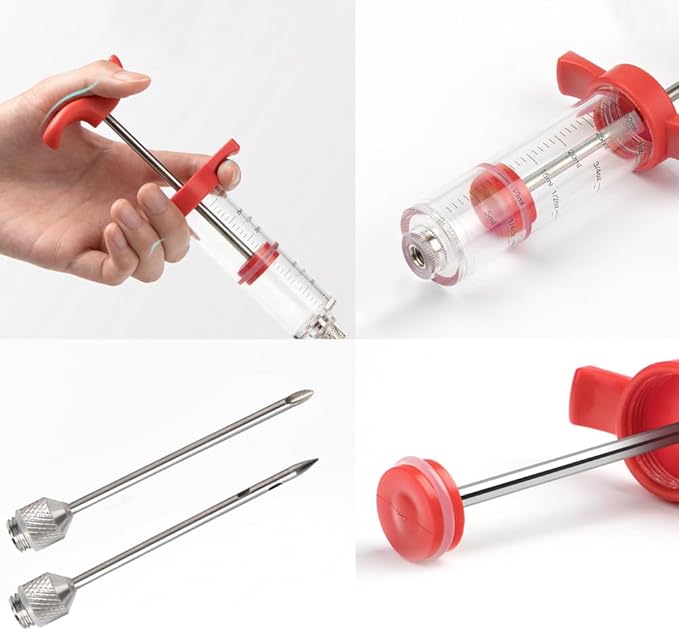 Plastic Meat Injector Syringe, Turkey Injection Kit with 2 Stainless Steel Needles for Injecting Marinade into Turkey Chicken Meat Brisket Pork, Ideal for Smoking BBQ Grill, Red 1oz