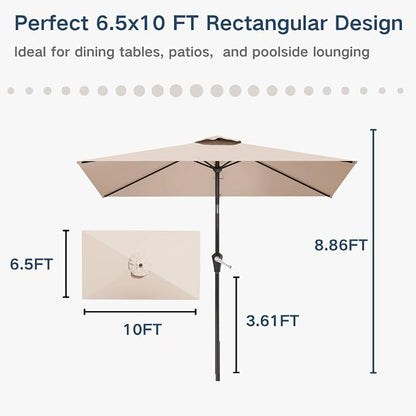 6.5' x 10' Rectangular Patio Umbrella Large Outdoor Market Umbrella w/UV Protection, Push Button Tilt and Crank Lift, Rectangle Table Umbrella for Garden, Deck, Pool, Patio, Beige