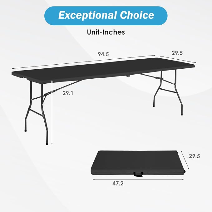PayLessHere Folding Table Plastic Picnic Table for Parties Wedding Camping Office with Carrying Handle (Black, 8 FT)