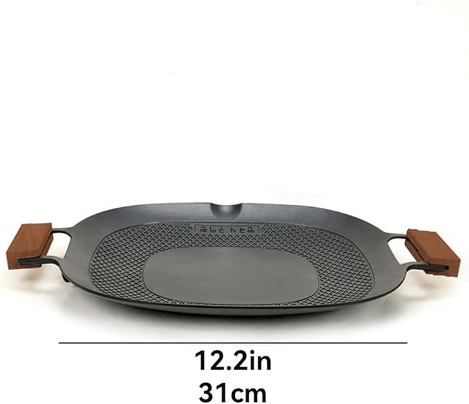 Korean Style 12.6in Grill Pan Non-stick Maifan Coated Smokeless Griddle Pan Compatible for Induction, Gas Stove, Electric Cooktop Stovetop Plate Indoor or Outdoor BBQ (Square with Wood Handle)