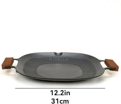 Korean Style 12.6in Grill Pan Non-stick Maifan Coated Smokeless Griddle Pan Compatible for Induction, Gas Stove, Electric Cooktop Stovetop Plate Indoor or Outdoor BBQ (Square with Wood Handle)
