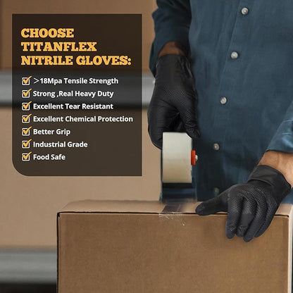 TitanFlex Heavy Duty Black Industrial Nitrile Gloves with Raised Diamond Texture, Latex Free (6mil/8mil)