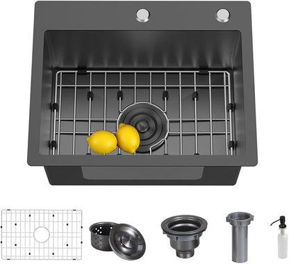 26 x 18 Inch Modern Drop In Kitchen Bar Sink, 304 Stainless Steel Black Single Bowl Topmount Sink, Nano Laundry RV Deep Workstation Sinks with Drain Strainer & Grid
