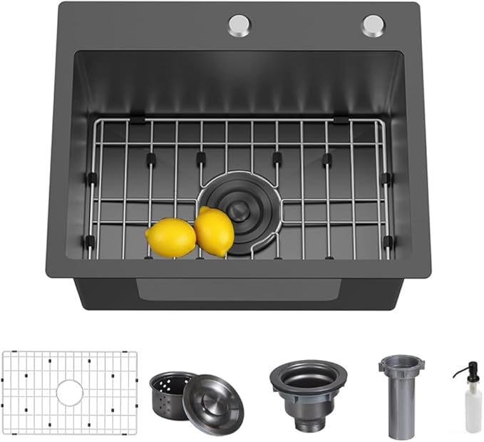 28 x 19 Inch Modern Drop In Kitchen Bar Sink, 304 Stainless Steel Black Single Bowl Topmount Sink, Nano Laundry RV Deep Workstation Sinks with Drain Strainer & Grid