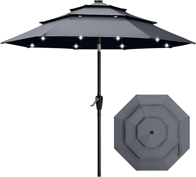 ABCCANOPY 3-Tiers 11FT Solar Patio Umbrella, Outdoor Umbrella with 32 LED Lights for for Deck, Pool, Garden, Backyard (Dark Gray)