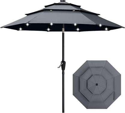 ABCCANOPY 3-Tiers 11FT Solar Patio Umbrella, Outdoor Umbrella with 32 LED Lights for for Deck, Pool, Garden, Backyard (Dark Gray)