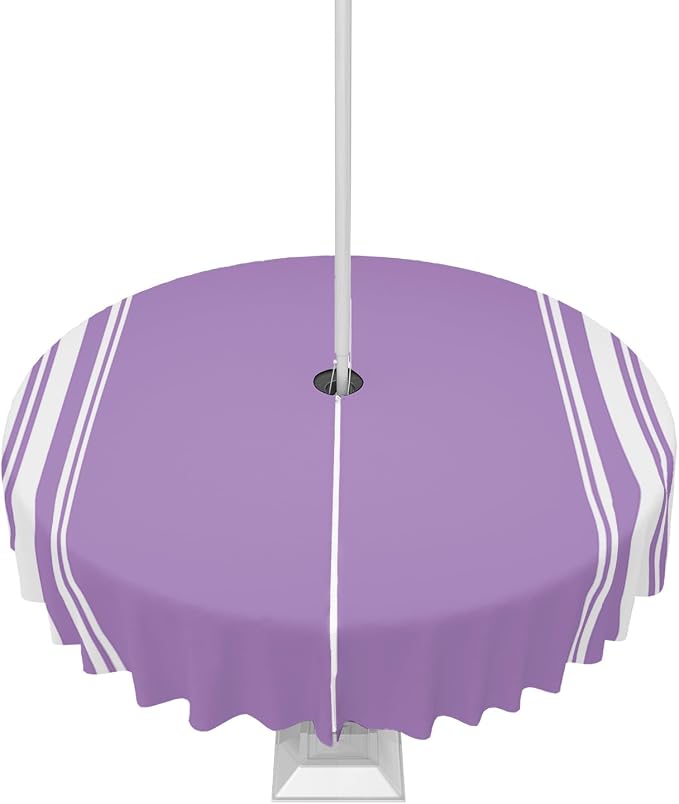 QueenKer Farmhouse Outdoor Tablecloth with Umbrella Hole, Purple White Stripe Round Tables Zippered Table Cloth Waterproof Tabletop Table Cover Collection for Patio, Garden, Picnic, Camping, Dining