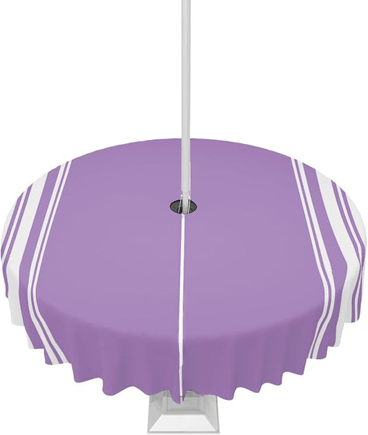 QueenKer Farmhouse Outdoor Tablecloth with Umbrella Hole, Purple White Stripe Round Tables Zippered Table Cloth Waterproof Tabletop Table Cover Collection for Patio, Garden, Picnic, Camping, Dining