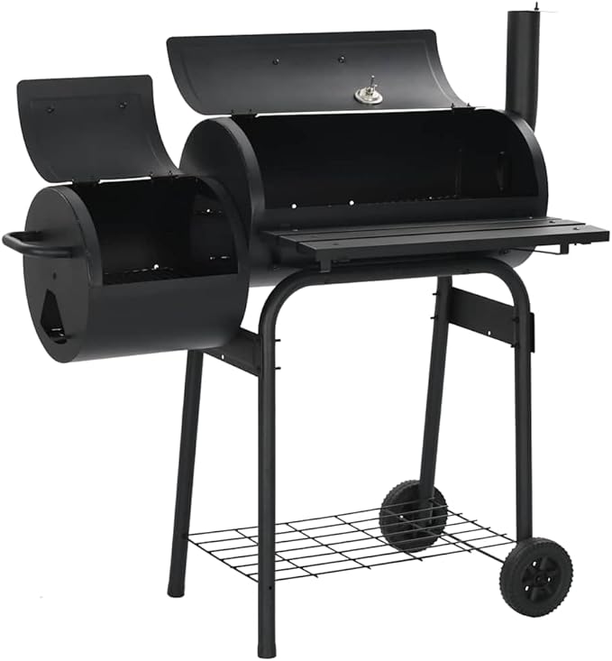 Offset Smoker BBQ Grill Charcoal Smoker for Outdoor Cooking with Side Firebox and Integrated Thermometer, Black Steel Barbecue Smoker