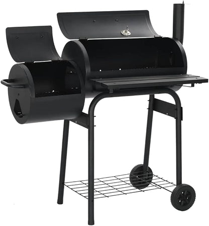 Offset Smoker BBQ Grill Charcoal Smoker for Outdoor Cooking with Side Firebox and Integrated Thermometer, Black Steel Barbecue Smoker
