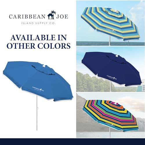 Caribbean Joe Beach Umbrella, Portable and Adjustable Tilt Sun Umbrella with UV Protection, Vented Canopy, Full 6.5 ft Arc