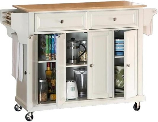 Crosley Furniture Full Size Wood Top Rolling Kitchen Island Storage Cart, Microwave Stand, Spice Rack, White