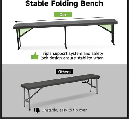 Real Relax 6' Picnic Table with 2 Benches, 3 Piece Black Wood Grain Portable HDPE Folding Camping Table and Benches for Courtyard, Garden, Outdoor Leisure, Party