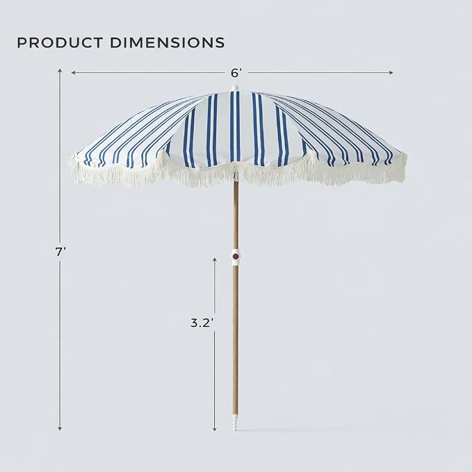 6FT Striped Fringe Beach Umbrella, Sand Anchor, UPF 50+ Sun Shade | Adjustable Tilt & Portable Design, Coastal Umbrella for Beach & Patio, Heritage Ocean Blue Stripe