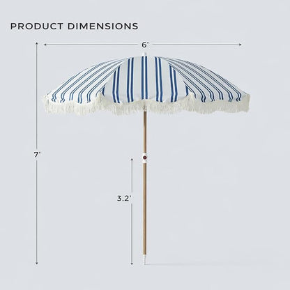 6FT Striped Fringe Beach Umbrella, Sand Anchor, UPF 50+ Sun Shade | Adjustable Tilt & Portable Design, Coastal Umbrella for Beach & Patio, Heritage Ocean Blue Stripe