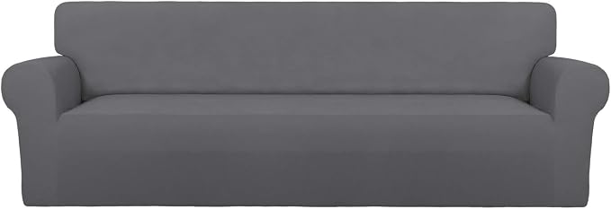 PureFit Stretch Couch Covers for Sofa 4 Seater Slipcovers Gray | 1-Piece Sofa Cover Washable Soft Couch protector, Couch Slipcover with Non Skid Foam and Elastic Bottom for Kids, Dogs