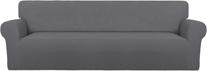 PureFit Stretch Couch Covers for Sofa 4 Seater Slipcovers Gray | 1-Piece Sofa Cover Washable Soft Couch protector, Couch Slipcover with Non Skid Foam and Elastic Bottom for Kids, Dogs