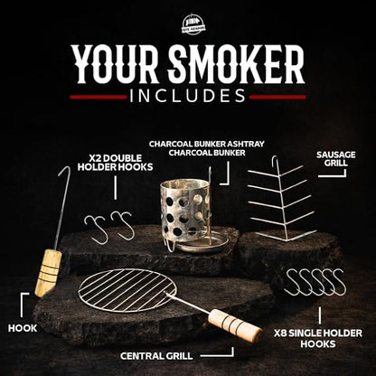 (16 Pound) 2-in-1 Smoker Barrel Vertical Grill - Premium 304 Stainless Steel - Barril Charcoal BBQ Thermometer & Ventilation - Cooking Accessories Meat Kit - Portable Outdoor, Camping - QUE ASADOR