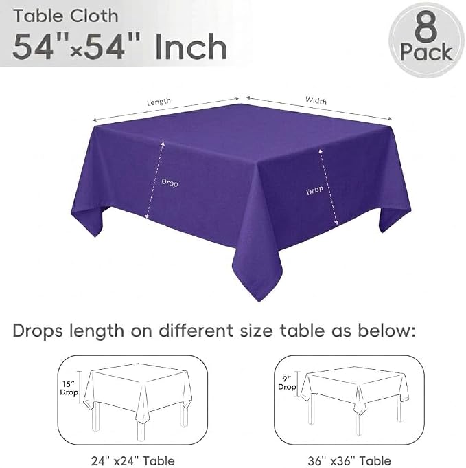 8 Pack Purple Square Tablecloth 54x54 Washable Polyester Table Cloth for Square or Round Tables, Wrinkle Resistant Fabric Decorative Covers for Dining Party Banquet Buffet and Wedding