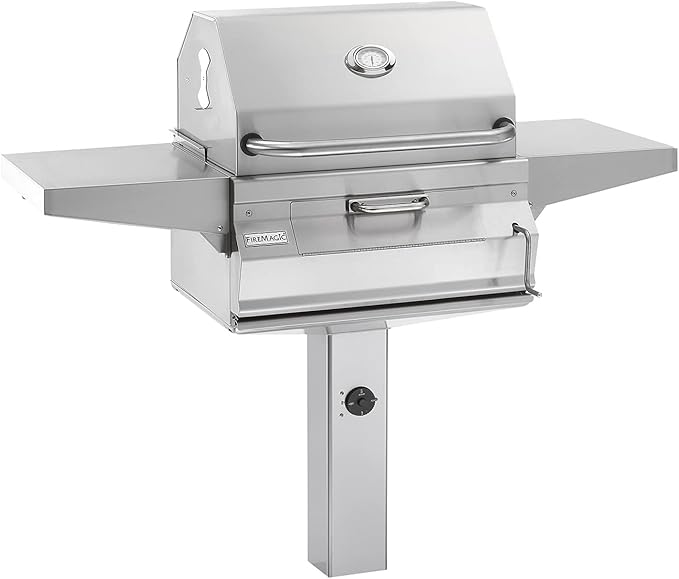 Fire Magic Legacy Charcoal Grill On In-Ground Post (22-SC01C-G6), Stainless Steel BBQ Outdoor Grill with Warming Rack, Adjustable Charcoal Pan, & Side Shelves, 432 sq. in. Cooking Area