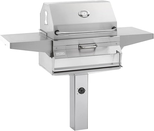 Fire Magic Legacy Charcoal Grill On In-Ground Post (22-SC01C-G6), Stainless Steel BBQ Outdoor Grill with Warming Rack, Adjustable Charcoal Pan, & Side Shelves, 432 sq. in. Cooking Area