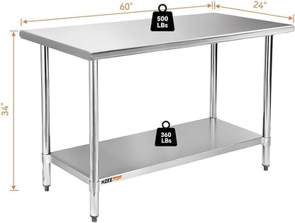 Stainless Steel Prep Table with Undershelf 60x24 Inches 5ft | Heavy Duty Metal Workbench with Adjustable Lower Shelf for Commercial Kitchen Restaurant Laundry Garage Hotel Workshop Chef