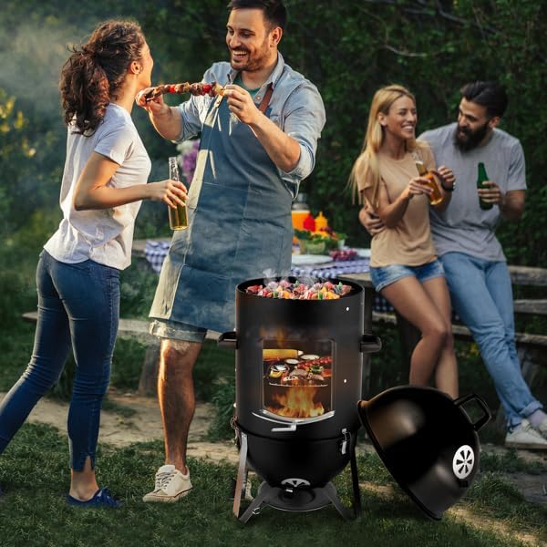 Vertical Steel Charcoal Smoker, Heavy Duty Three Layer Round BBQ Grill Fuel Efficient Cooker for Outdoor Cooking, Black (Tall Vertical 3 Tier Smoker)