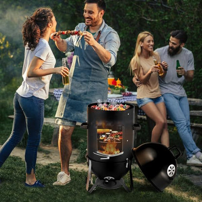 Vertical Steel Charcoal Smoker, Heavy Duty Three Layer Round BBQ Grill Fuel Efficient Cooker for Outdoor Cooking, Black (Tall Vertical 3 Tier Smoker)