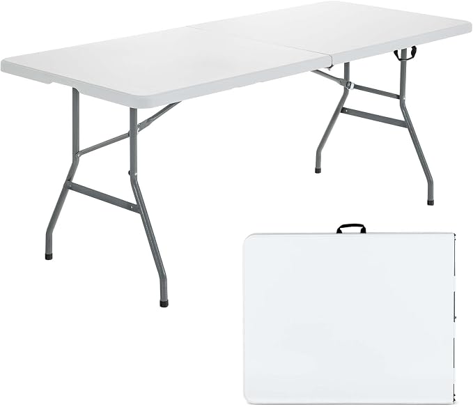 Goplus Folding Tables, 6ft Foldable Plastic Card Table, Portable Heavy Duty Fold Up Table w/Handle, White Outdoor Utility Folding Table for Picnic, Party, Dining, Camping, Beach, BBQ, No Assembly