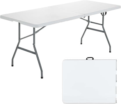 Goplus Folding Tables, 6ft Foldable Plastic Card Table, Portable Heavy Duty Fold Up Table w/Handle, White Outdoor Utility Folding Table for Picnic, Party, Dining, Camping, Beach, BBQ, No Assembly