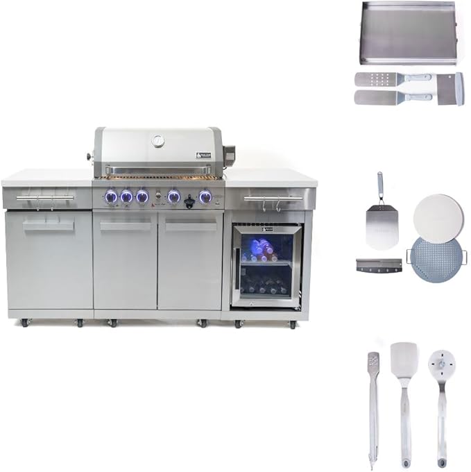 Mont Alpi Premium 70" W Stainless Steel Outdoor Kitchen Island with Refrigerator + 32" W 4-Burner BBQ Gas Grill + Universal Flat Top Griddle + Pizza Peel + Cleaning Brush + Spatula + Cutter + Scraper
