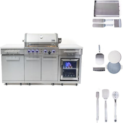 Mont Alpi Premium 70" W Stainless Steel Outdoor Kitchen Island with Refrigerator + 32" W 4-Burner BBQ Gas Grill + Universal Flat Top Griddle + Pizza Peel + Cleaning Brush + Spatula + Cutter + Scraper