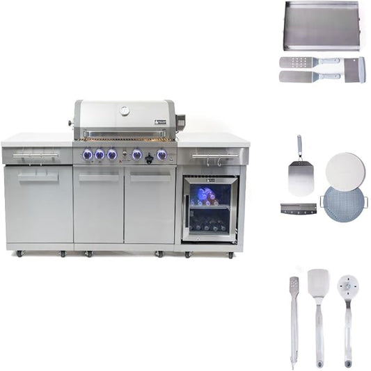 Mont Alpi Premium 70" W Stainless Steel Outdoor Kitchen Island with Refrigerator + 32" W 4-Burner BBQ Gas Grill + Universal Flat Top Griddle + Pizza Peel + Cleaning Brush + Spatula + Cutter + Scraper