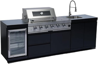 98" 4-Burner 72000 BTU Outdoor Kitchen Island,304 Stainless Steel Modular LPG BBQ Grill Combination With Granite Countertops, Storage Cabinet, Refrigerator and Sink (98"-Black&Sivler, Propane Gas)