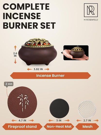 Charcoal Incense Burner for Bakhoor & Resin – Ceramic Frankincense Burner with Lid, Stainless Steel Mesh and Heat-Resistant Cotton Lining for Daily Ritual, Matte Brown