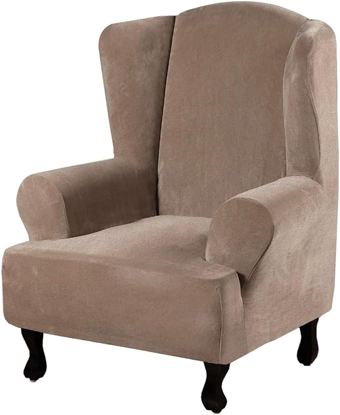 H.VERSAILTEX Wingback Chair Covers Velvet Plush Wing Chair Slipcover 1 Piece High Stretch Wing Back Chair Slipcovers Sofa Cover Furniture Cover with Elastic Bottom, Camel