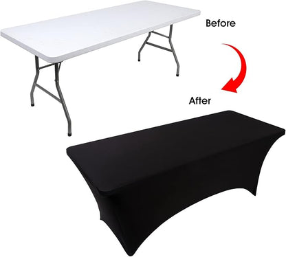 BDDC 6ft Black Stretch Spandex Fitted Table Cloth for 6 Foot Tables | GRS-Certified Eco-Friendly Fabric, Elastic Fit Rectangle Tablecloth, Washable, Wrinkle-Free, For Events & Parties