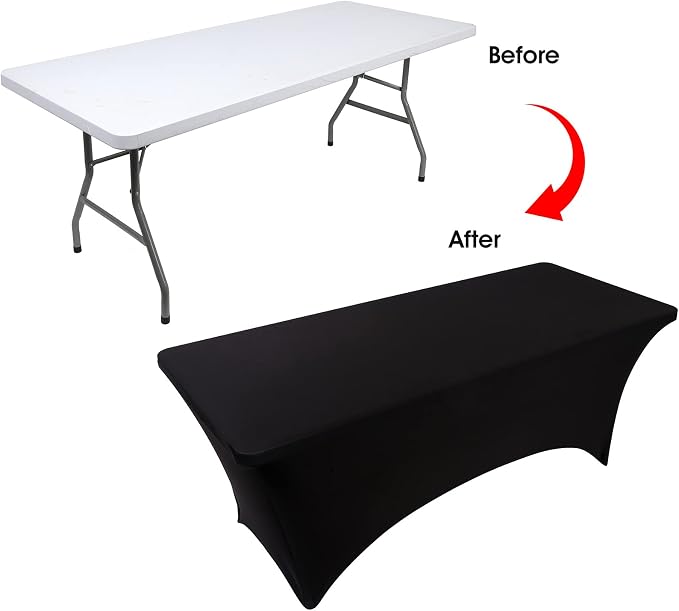 BDDC 4ft Black Stretch Spandex Fitted Table Cloth for 4 Foot Tables | GRS-Certified Eco-Friendly Fabric, Elastic Fit Rectangle Tablecloth, Washable, Wrinkle-Free, For Events & Parties