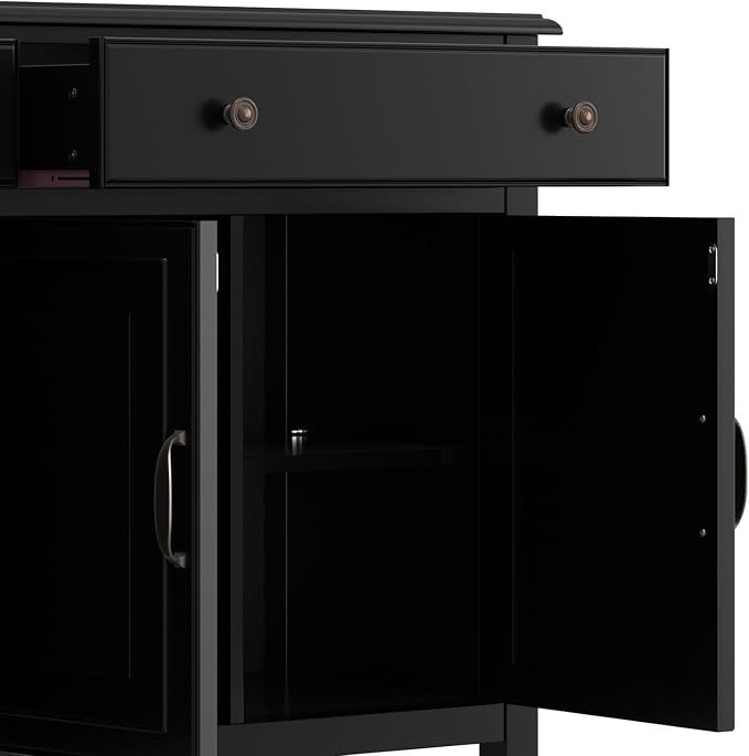 SIMPLIHOME Connaught 67" Wide Solid Wood Sideboard Cabinet in Black | Traditional 4-door dining room buffet with 2 drawers and adjustable shelves for organized kitchen or living room storage.