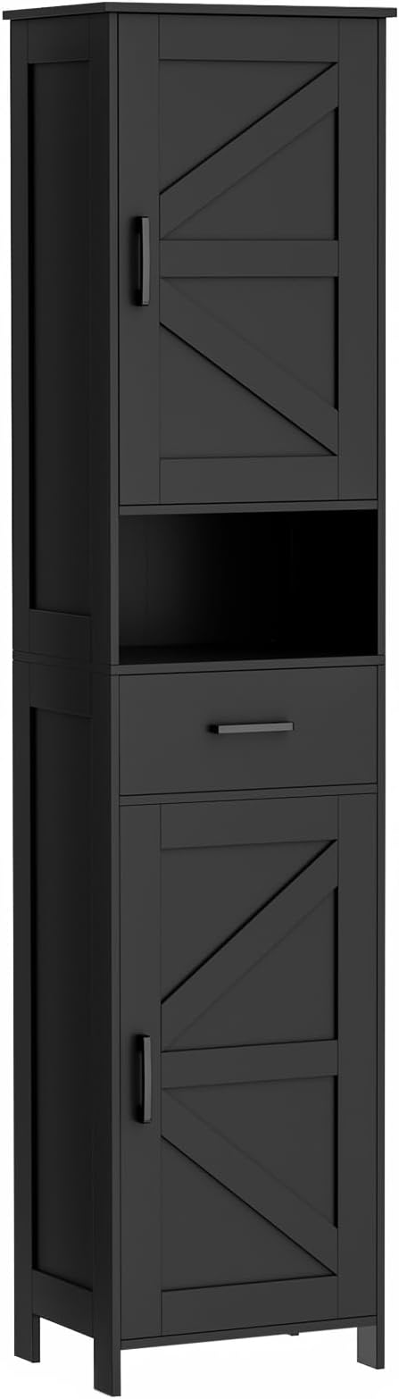 Homhedy 67" H Tall Bathroom Storage Cabinet with Barn Doors and Drawer | Narrow Storage Unit with Adjustable Shelves, Floor Cabinet for Bathroom, Living Room, Entryway or Kitchen, Black, 15.7" W